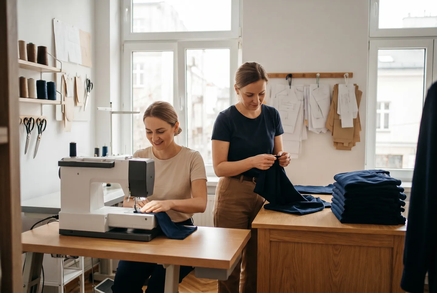 Dwie krawcowe w małej, elastycznej szwalni szyją krótką serię granatowych ubrań — niskie minimalne zamówienie w modelu CMT