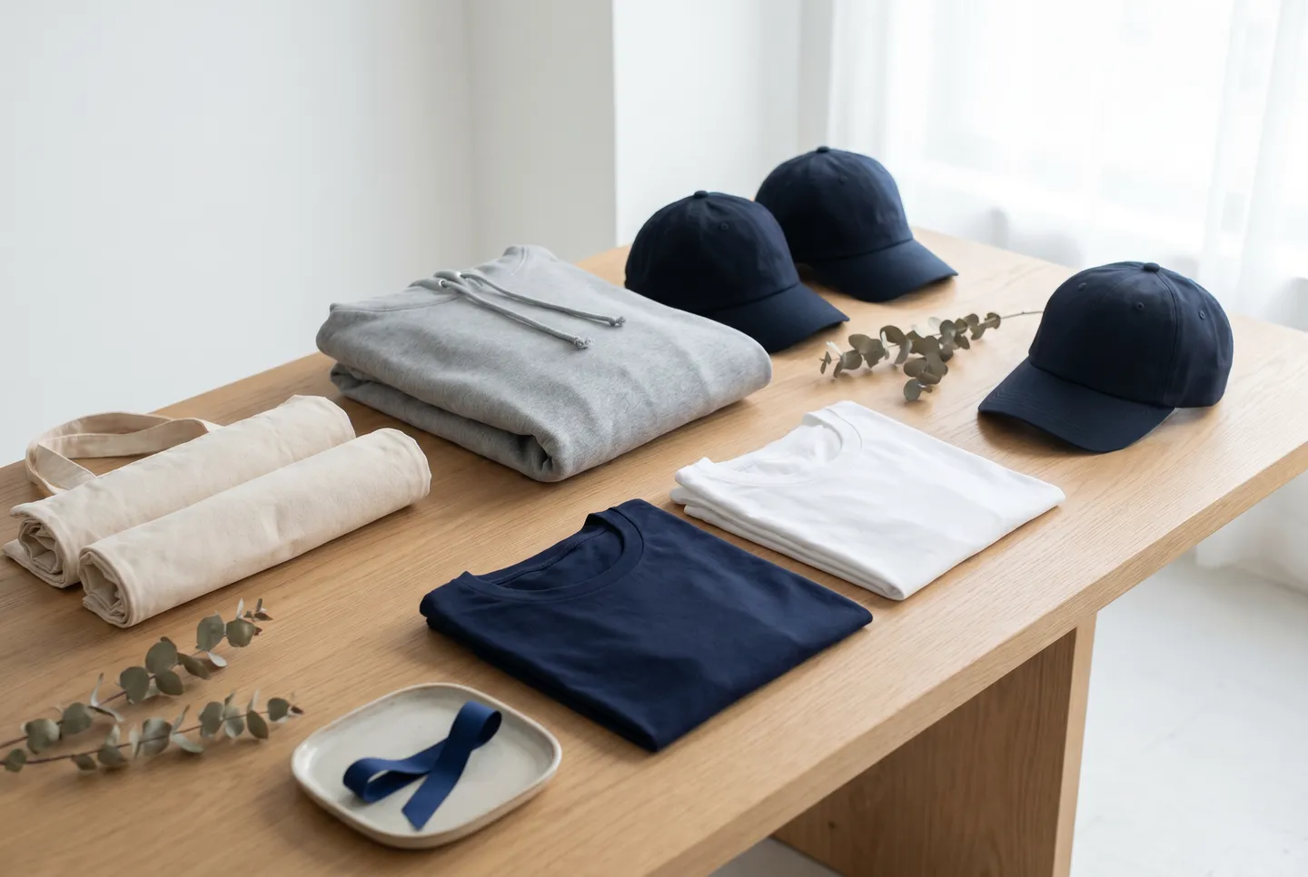 Merch firmowy w stylu welcome pack — bluza, koszulki, bawełniane torby i czapki rozłożone na stole