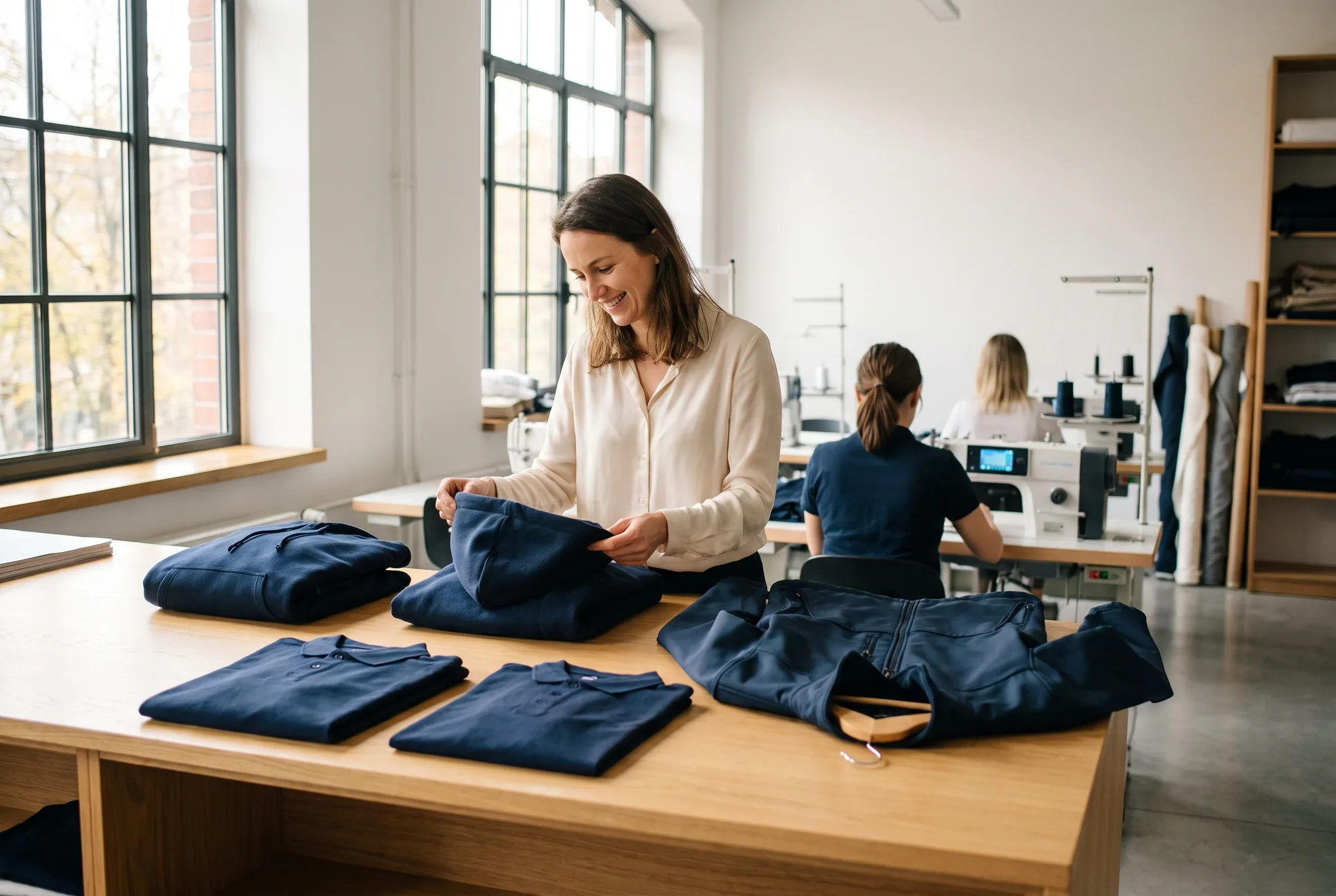 Granatowe bluzy, koszulki polo i kurtka softshell przygotowane na stole w szwalni - odzież firmowa dla pracowników