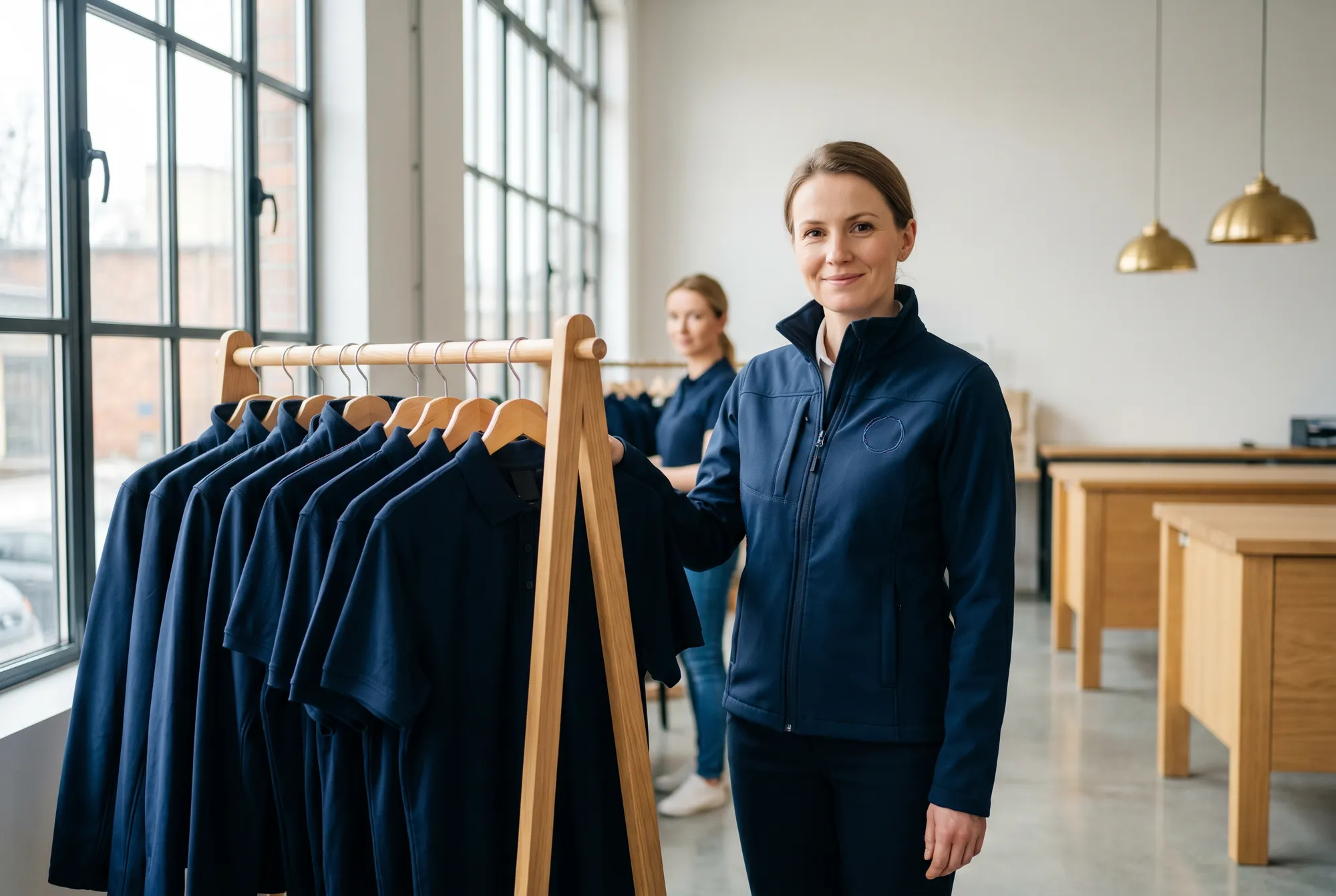 Kobieta w granatowej firmowej kurtce softshell przy wieszaku z odzieżą korporacyjną w polskiej szwalni — odzież firmowa na zamówienie