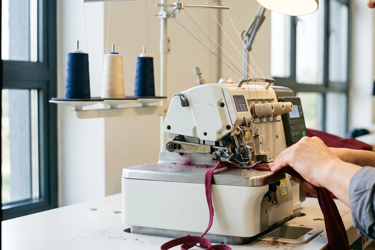 Overlock czteronitkowy obrzucający krawędź bordowej dzianiny, nóż ścina brzeg materiału tuż przed zszyciem