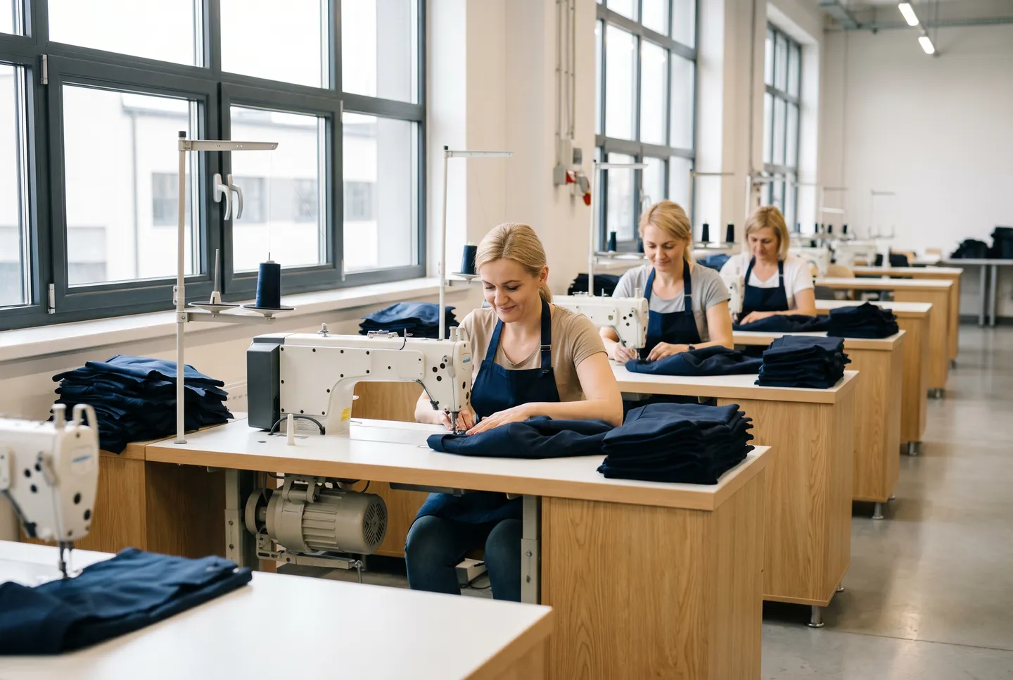 Szwaczki szyją serię granatowej odzieży na maszynach przemysłowych na linii szwalniczej — etap produkcji seryjnej partii