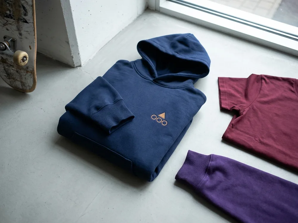 Granatowa bluza z kapturem i bordowy T-shirt w stylu streetwear, ułożone płasko, z geometrycznym haftem na piersi